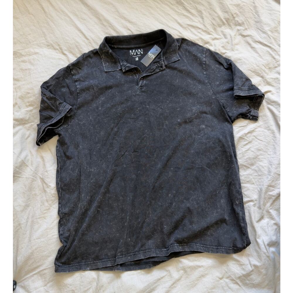 BooHooMAN Acid Washed Men's Faded Black Large‎ Polo